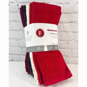 Kitchen Aid Towels 8 Pack, Thick, 100% Cotton (Red, Cream Grey)